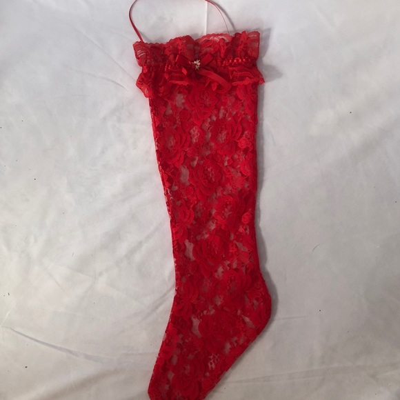 Vintage Red Sheer Lace Christmas Holiday Stocking with Bow - Picture 2 of 11